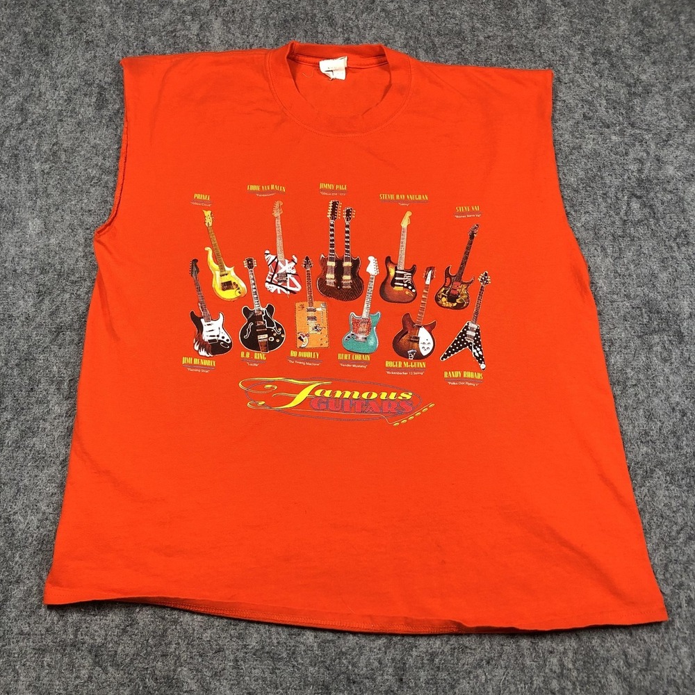 American Tradition Shirt Mens XL Orange Famous Guitars Rock Graphic Sleeveless